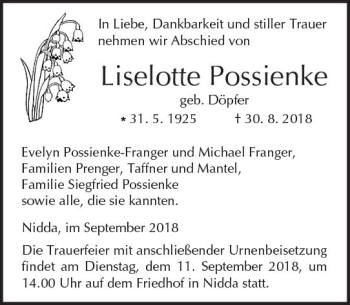 Traueranzeige von Liselotte Possienke von  Kreisanzeiger