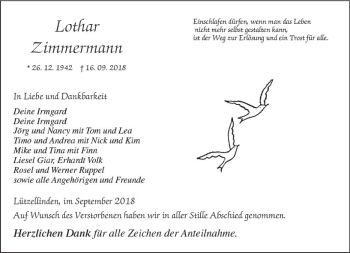 Traueranzeige von Lothar Zimmermann von  Gießener Anzeiger