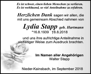 Traueranzeige von Lydia Stapp von vrm-trauer