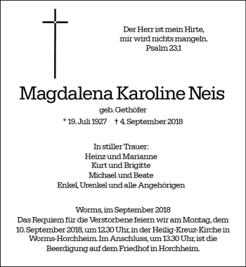 Traueranzeige von Magdalena Karoline Neis von vrm-trauer