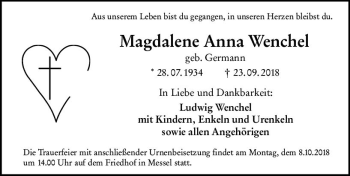 Traueranzeige von Magdalene Anna Wenchel von vrm-trauer