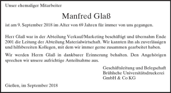 Traueranzeige von Manfred Glass von  Gießener Anzeiger