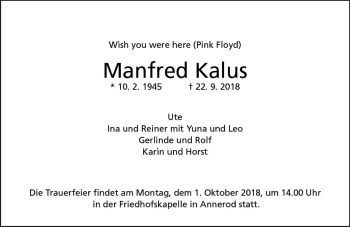 Traueranzeige von Manfred Kalus von  Gießener Anzeiger