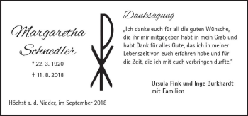 Traueranzeige von Margaretha Schnedler von  Kreisanzeiger