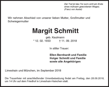 Traueranzeige von Margit Schmitt von  Kreisanzeiger