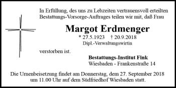 Traueranzeige von Margot Erdmenger von vrm-trauer