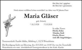 Traueranzeige von Maria Gläser von vrm-trauer