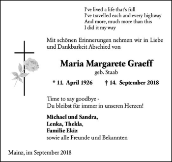 Traueranzeige von Maria Margarete Graeff von vrm-trauer
