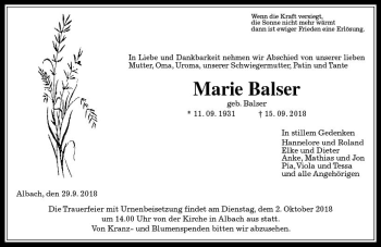 Traueranzeige von Marie Balser von  Gießener Anzeiger