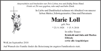 Traueranzeige von Marie Loll von  Kreisanzeiger