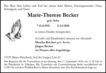 Traueranzeige von Marie-Therese Becker von vrm-trauer