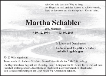 Traueranzeige von Martha Schabler von vrm-trauer