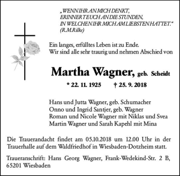 Traueranzeige von Martha Wagner von vrm-trauer