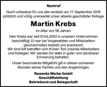 Traueranzeige von Martin Krebs von vrm-trauer