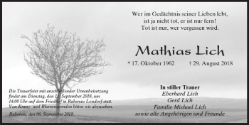 Traueranzeige von Mathias Lich von  Gießener Anzeiger