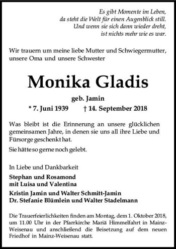 Traueranzeige von Monika Gladis von vrm-trauer