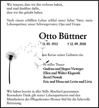 Traueranzeige von Otto Büttner von vrm-trauer