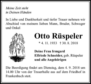 Traueranzeige von Otto Rüspeler von  Gießener Anzeiger