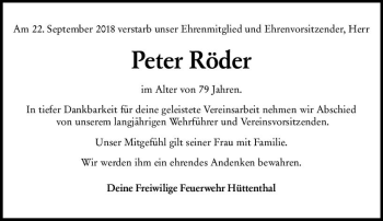 Traueranzeige von Peter Röder von vrm-trauer