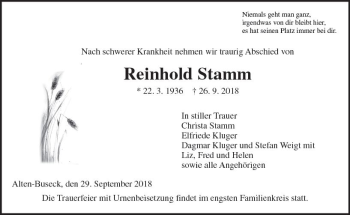 Traueranzeige von Reinhold Stamm von  Gießener Anzeiger