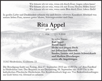 Traueranzeige von Rita Appel von vrm-trauer