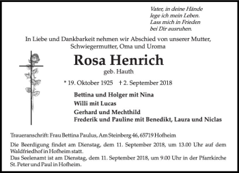 Traueranzeige von Rosa Henrich von vrm-trauer