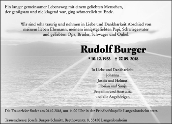 Traueranzeige von Rudolf Burger von vrm-trauer