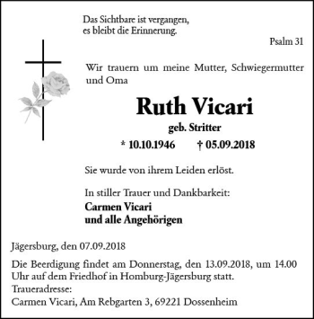 Traueranzeige von Ruth Vicari von vrm-trauer