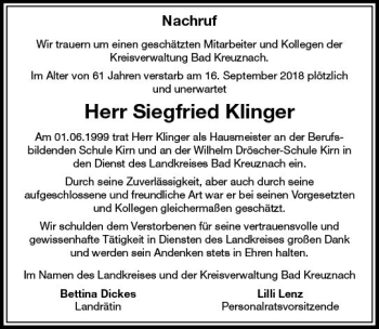 Traueranzeige von Siegfried Klinger von vrm-trauer