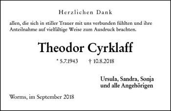 Traueranzeige von Theodor Cyrklaff von vrm-trauer