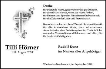 Traueranzeige von Tilli Hörner von vrm-trauer