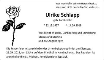 Traueranzeige von Ulrike Schlapp von vrm-trauer