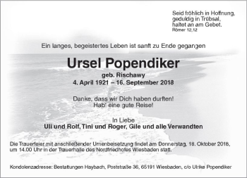 Traueranzeige von Ursel Popendiker von vrm-trauer