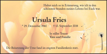 Traueranzeige von Ursula Fries von vrm-trauer
