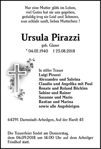 Traueranzeige von Ursula Pirazzi von vrm-trauer