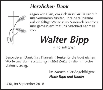 Traueranzeige von Walter Bipp von  Kreisanzeiger