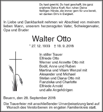 Traueranzeige von Walter Otto von  Gießener Anzeiger