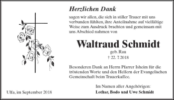 Traueranzeige von Waltraud Schmidt von  Kreisanzeiger
