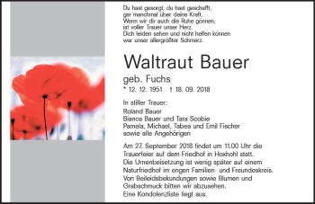 Traueranzeige von Waltraut Bauer von vrm-trauer