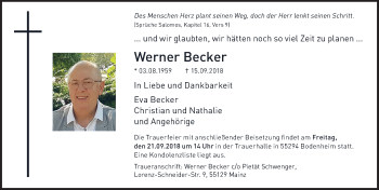 Traueranzeige von Werner Becker von vrm-trauer