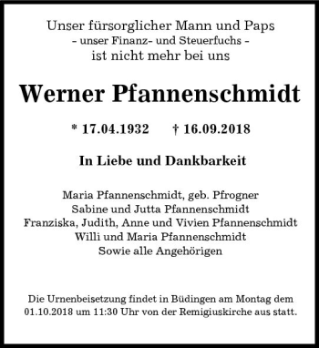 Traueranzeige von Werner Pfannenschmidt von  Kreisanzeiger