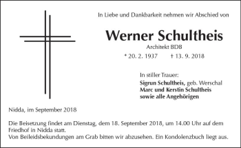 Traueranzeige von Werner Schultheis von  Kreisanzeiger