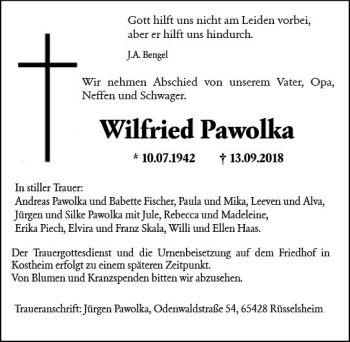 Traueranzeige von Wilfried Pawolka von vrm-trauer