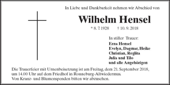 Traueranzeige von Wilhelm Hensel von  Kreisanzeiger