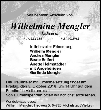 Traueranzeige von Wilhelmine Mengler von vrm-trauer