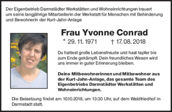 Traueranzeige von Yvonne Conrad von vrm-trauer