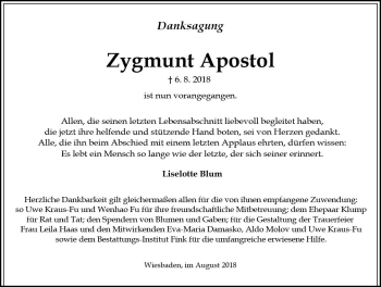 Traueranzeige von Zygmunt Apostol von vrm-trauer