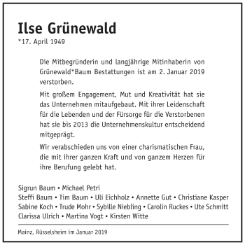 Traueranzeige von Ilse Grünewald von VRM Tageszeitungen