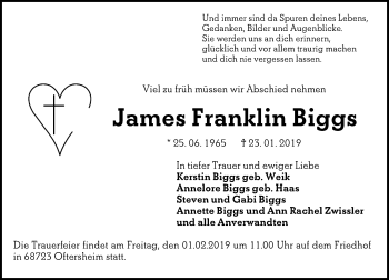 Traueranzeige von James Franklin Biggs von VRM Tageszeitungen