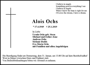 Traueranzeige von Alois Ochs von vrm-trauer